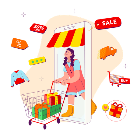 Woman shopping using mobile application  Illustration