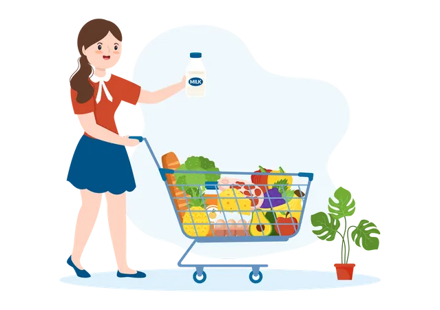 Grocery Store Or Supermarket With Food Product Shelves Racks Dairy Fruits And Drinks For Shopping In Flat Cartoon Hand Drawn Templates Illustration Illustration