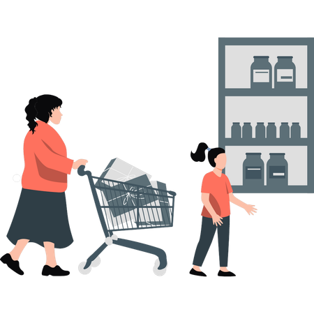 Woman shopping while holding trolly  Illustration