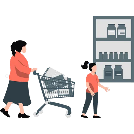 Woman shopping while holding trolly  イラスト