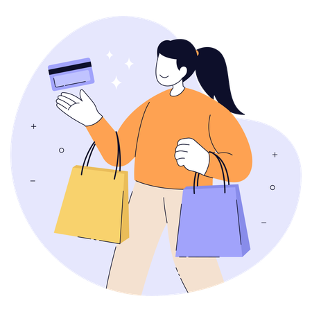 Woman shopping with bag and making payment with credit card  Illustration