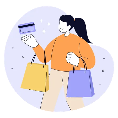 Woman shopping with bag and making payment with credit card  Illustration