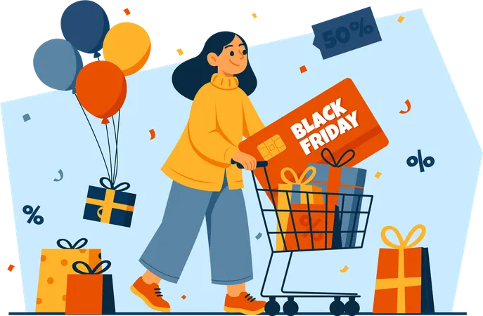 Woman shopping with debit card discount  Illustration