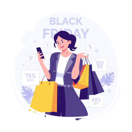 Woman shopping with discount on black friday  Illustration