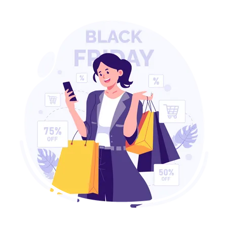 Woman shopping with discount on black friday  Illustration