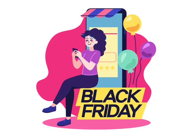 Woman shops from mobile on black friday  Illustration