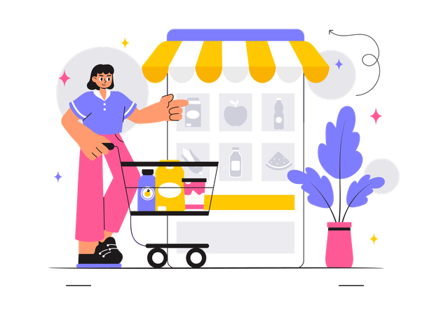 Woman shops from online grocery application  Illustration