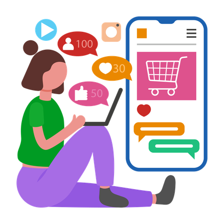 Woman shops from Social Commerce  Illustration