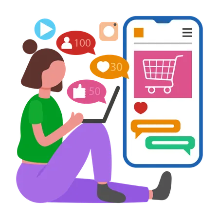 Woman shops from Social Commerce  Illustration