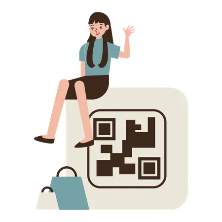 Woman shops through Barcode Label  Illustration