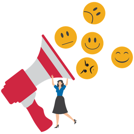 Woman shout on megaphone with satisfaction emoticon symbolizing customer survey to evaluate service quality  Illustration