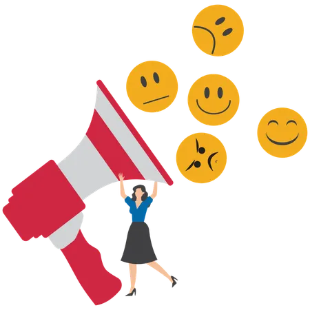 Woman shout on megaphone with satisfaction emoticon symbolizing customer survey to evaluate service quality  Illustration
