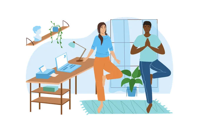 Workplace Blue Concept With People Scene In The Flat Cartoon Design Woman Show To Her Boss How To Do Yoga Exercises For Relaxing Vector Illustration Illustration