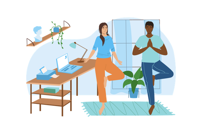 Woman show to her boss how to do yoga exercises for relaxing  イラスト