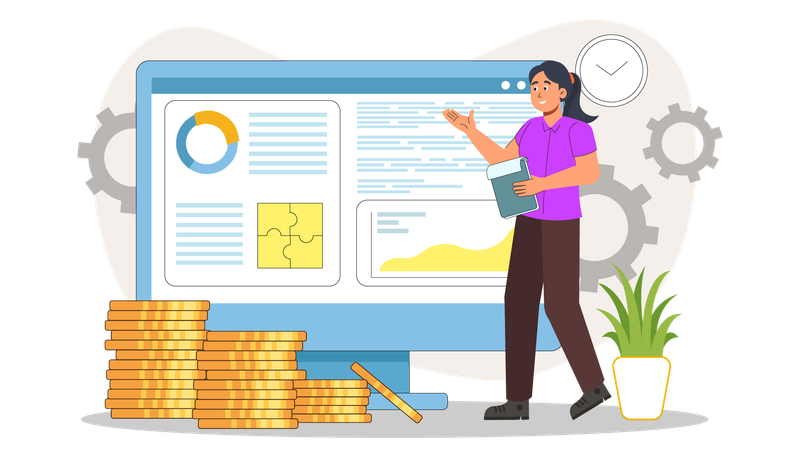 Woman showcasing online investment platform  Illustration