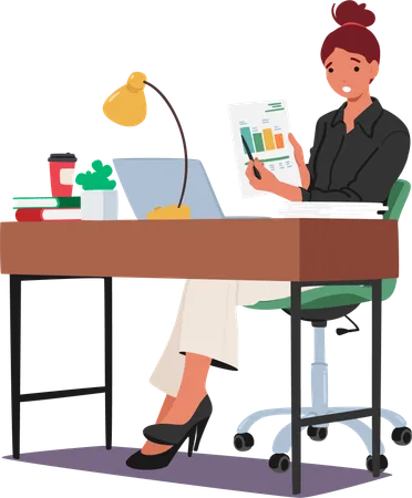 Focused Woman At Office Desk Diligently Work With Charts Surrounded By Papers And Devices Character Illustrating Dedication And Professionalism In Her Work Environment Cartoon Vector Illustration Illustration