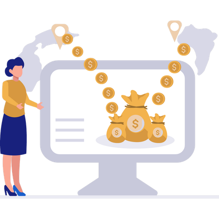 Woman Showing Bag Of Dollars On Monitor  Illustration