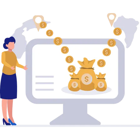Woman Showing Bag Of Dollars On Monitor  Illustration