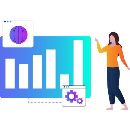 Woman showing bar graph statistics on screen  Illustration