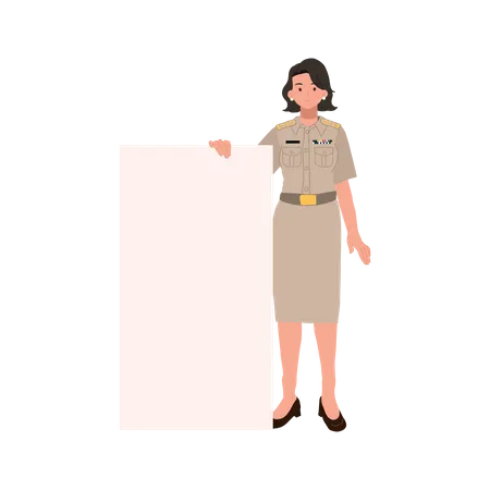 Female Thai Government Officers In Uniform Woman Thai Teacher With Blank Board Placard Vector Illustration Illustration