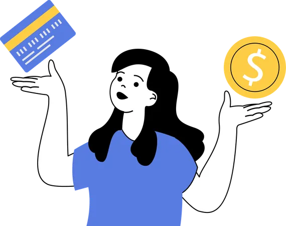 Woman showing card and dollar coin  Illustration