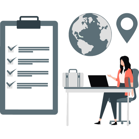 Woman showing checklist her trip sightseeing location  Illustration