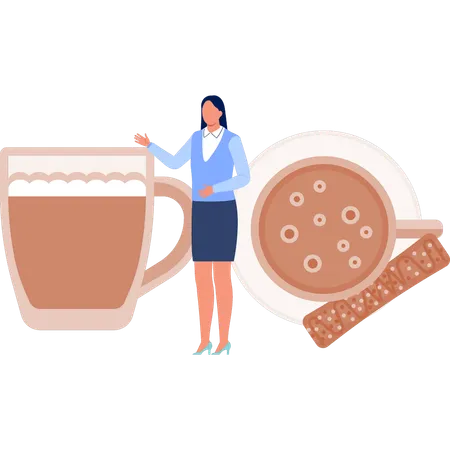 コーヒー飲料を見せる女性  イラスト