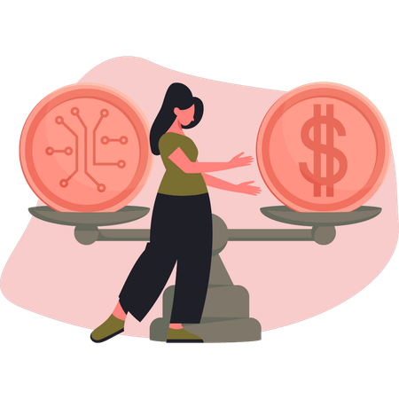 Woman showing coin balance scale  Illustration