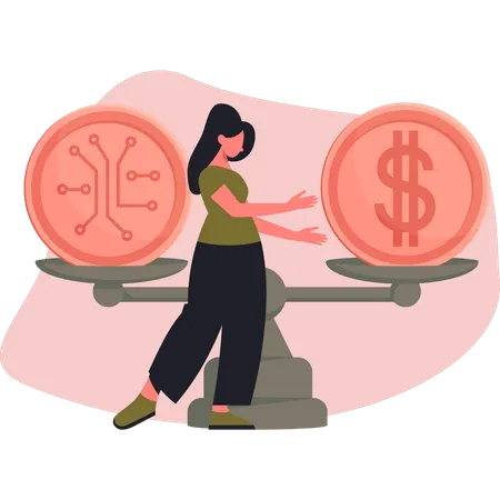 Woman showing coin balance scale  Illustration