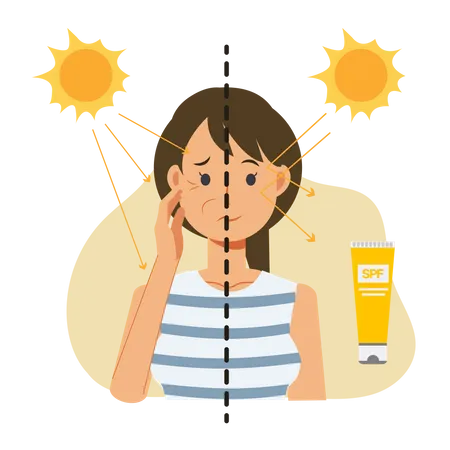Woman showing comparison about using and not use sunblock product Illustration