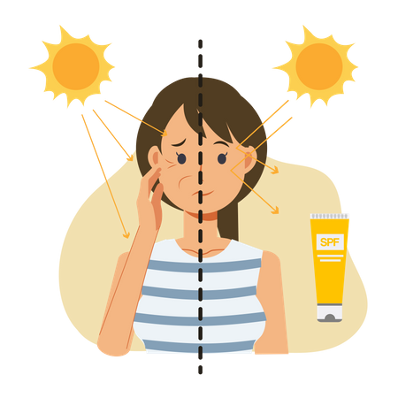 Woman showing comparison about using and not use sunblock product  Illustration