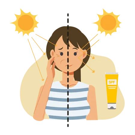 Woman showing comparison about using and not use sunblock product  Illustration