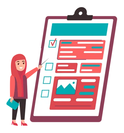 Arab Woman In Hijab Holding Pointer Next To Giant Checklist Muslim Female Character Checking Tasks To Do List Clipboard With Form For Report Data Answers Checkmark Analysis Of Survey Results Illustration