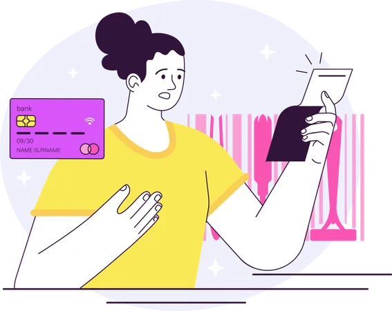 Woman showing credit card bill  Illustration