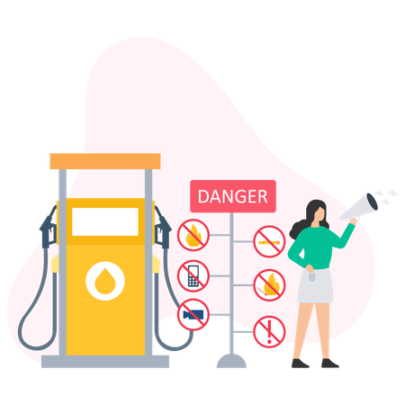 Woman showing danger while refueling vehicle  Illustration