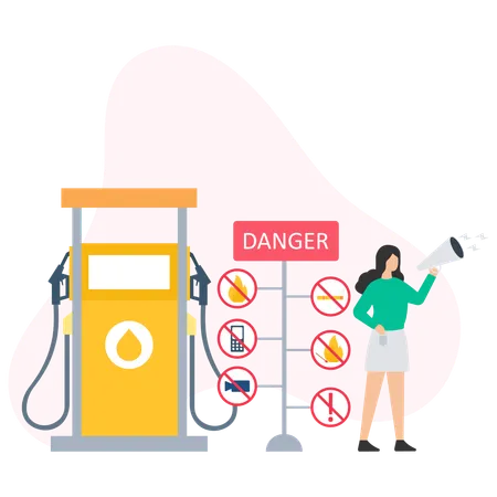 Woman showing danger while refueling vehicle  Illustration