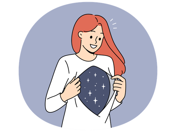 Woman showing depth of soul and inner world with smile while showing stars under shirt  Illustration