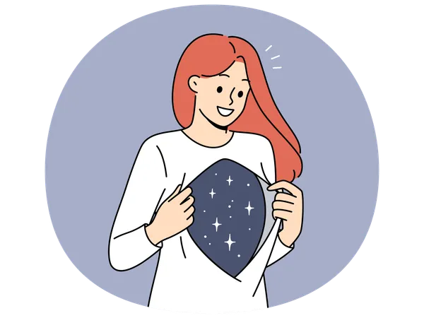 Woman showing depth of soul and inner world with smile while showing stars under shirt  Illustration
