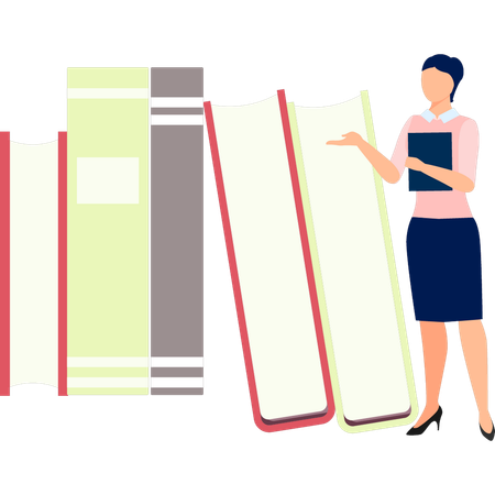 Woman showing different books  Illustration