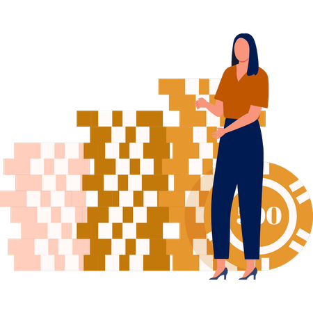 Woman showing different casino chips  Illustration