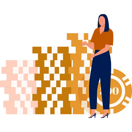 Woman showing different casino chips  Illustration