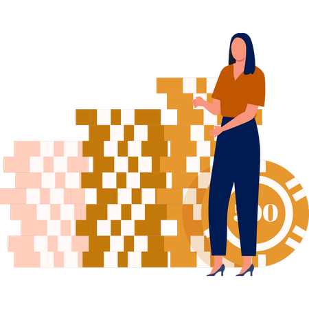 Woman showing different casino chips  Illustration