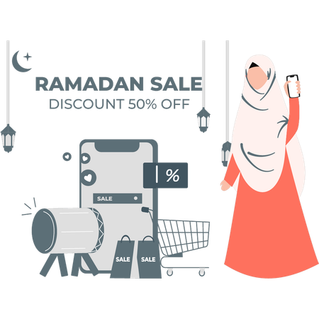 Woman showing discount on mobile  Illustration