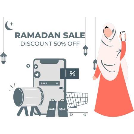 A Girl Is Showing Discount On Mobile Illustration