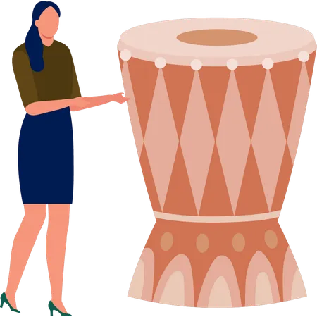 Woman showing djembe drum  Illustration