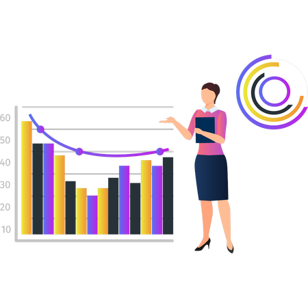 Woman showing down slope of bar graph  Illustration