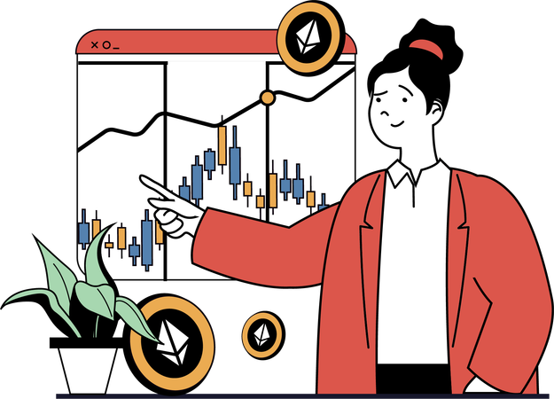 イーサリアム取引チャートを示す女性  イラスト