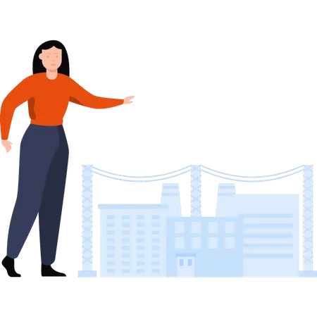 Woman showing factory building  Illustration