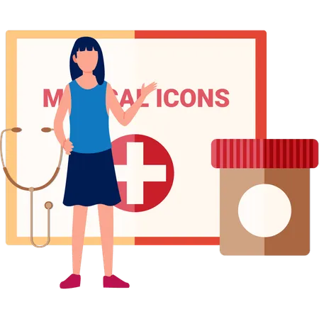 The Girl Is Showing First Aid Medications Illustration
