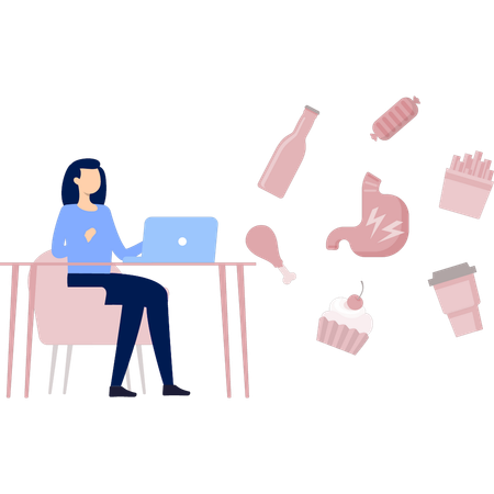 Woman  showing food that cause stomach problem  Illustration